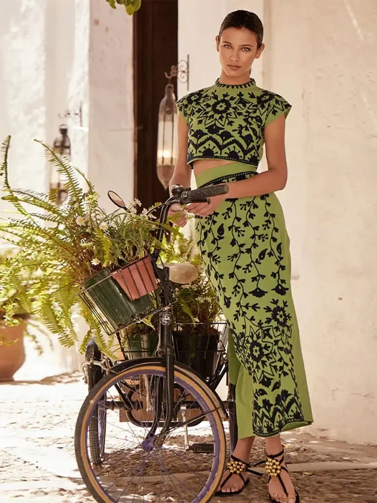 

Женский костюм с винтажным принтом, элегантный укороченный топ и длинное платье, однобортный Топ с завышенной талией и юбка на шнуровке