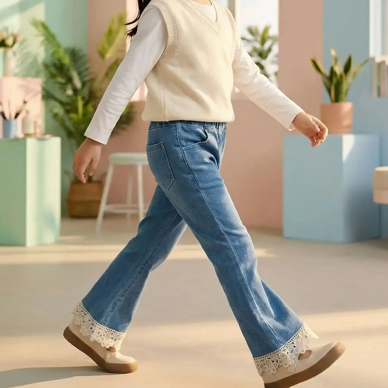 2026 봄 키즈 데님 플레어 바지 화이트 레이스 트림 신축성 있는 허리 부드러운 청바지 1-6Y 소녀 캐주얼 아동 바지