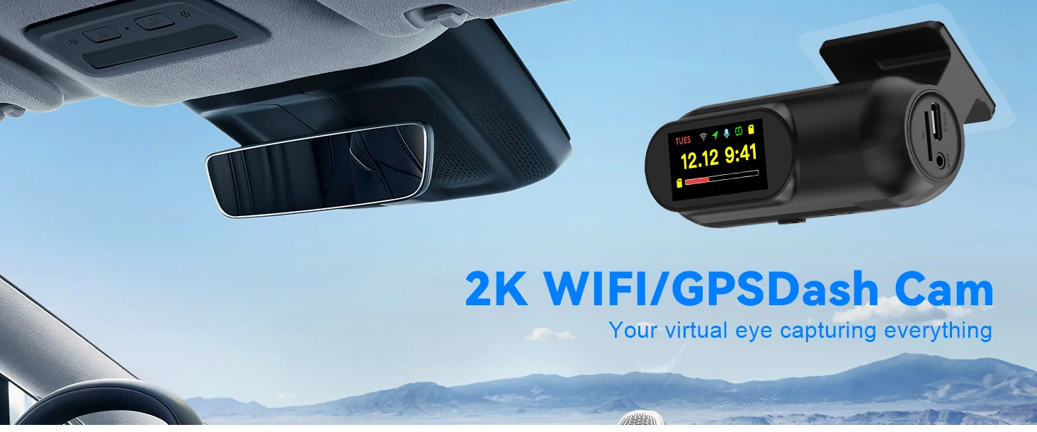 Compact 2K WiFi dash cam mounted on windshield