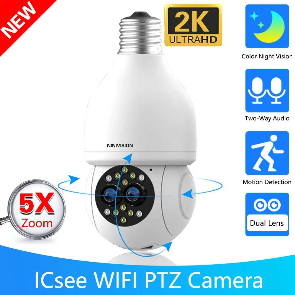 Dual Lens Wifi E27 Bulb Camera 2K Surveillance Full Color Automatic Human Tracking 5X Digital Zoom Video Security Monitor Cam 5g wifi camera e27 bulb surveillance night vision full color automatic human tracking 4x digital zoom video security monitor cam