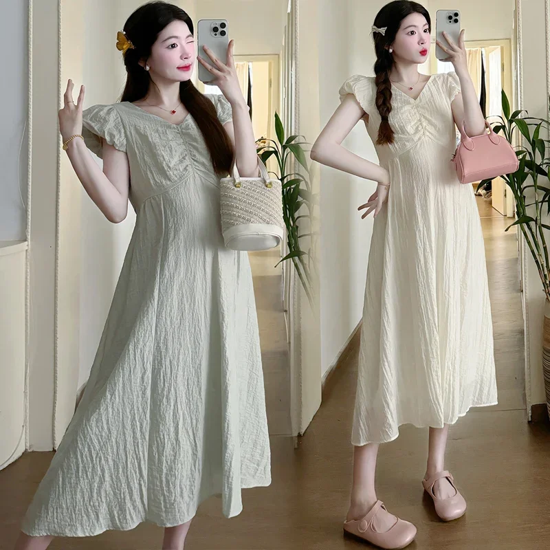 임산부를 위한 한국 패션 긴 원피스, 우아한 A 라인 슬림 옷, Y2k 청소년 임신 베이비 샤워, 2024 여름