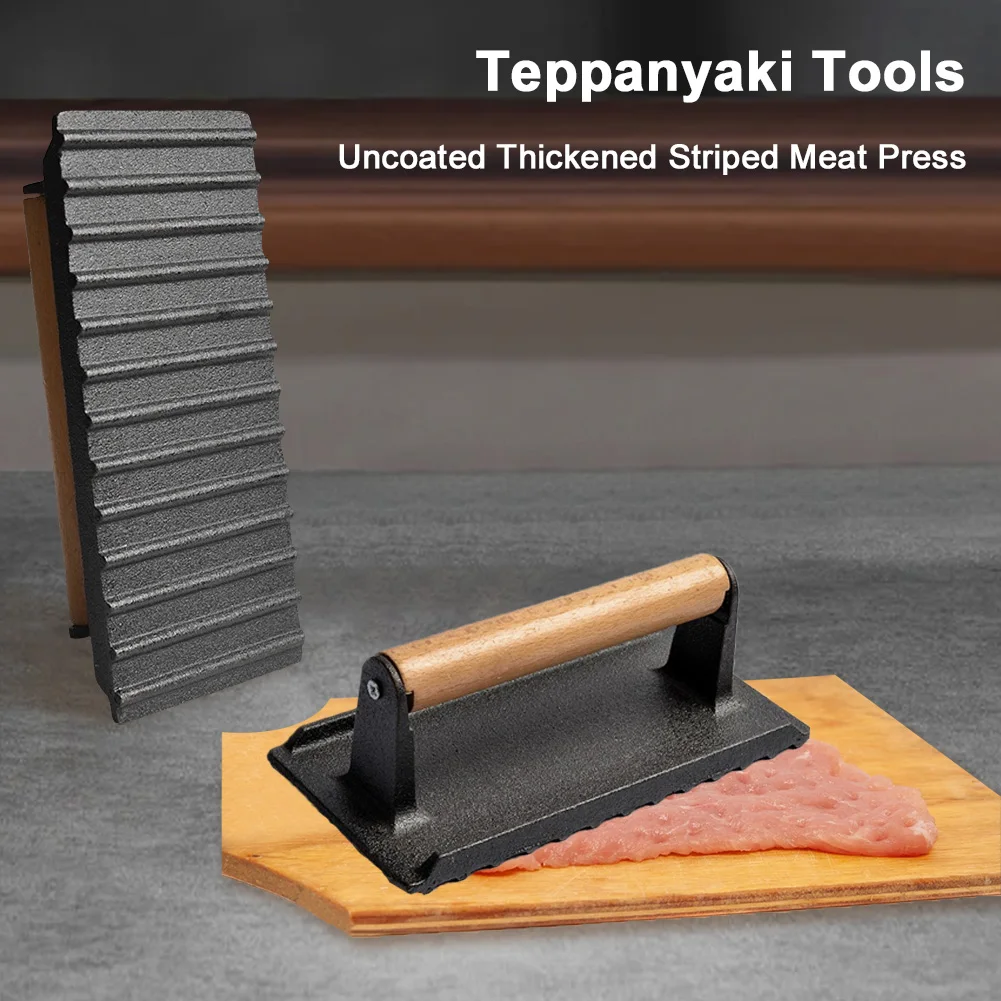Cast Iron Flat Top Grill Hamburger Grinder with Wooden Handle Kitchen Heavy Flat Steak Weight/Bacon Press Hamburger Patty Maker