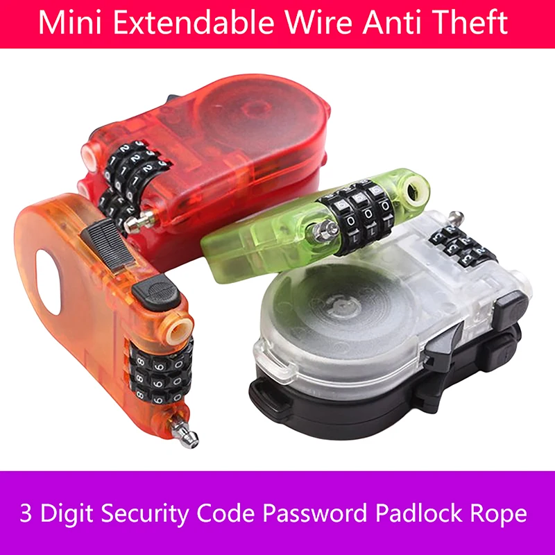 

3 Digit Security Code Cable Lock Password Long Roller Pram Padlock Rope Bicycle Parts Mini Extendable Wire Anti Theft