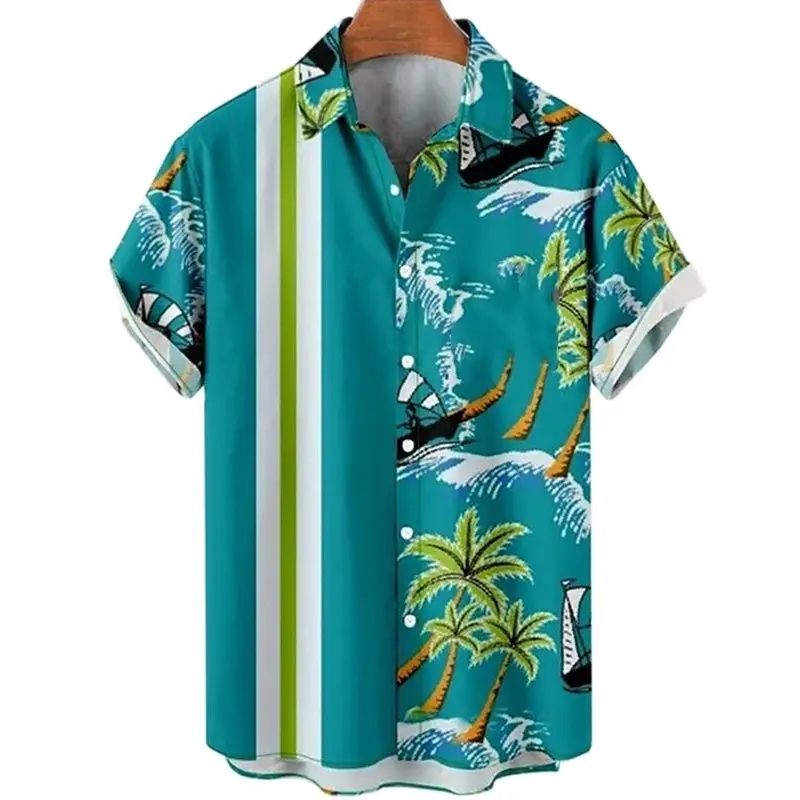 Men's Hawaiian Shirts Striped Floral Print Button-Up Casual Summer Beach Travel Oversized Unisex Clothing 5