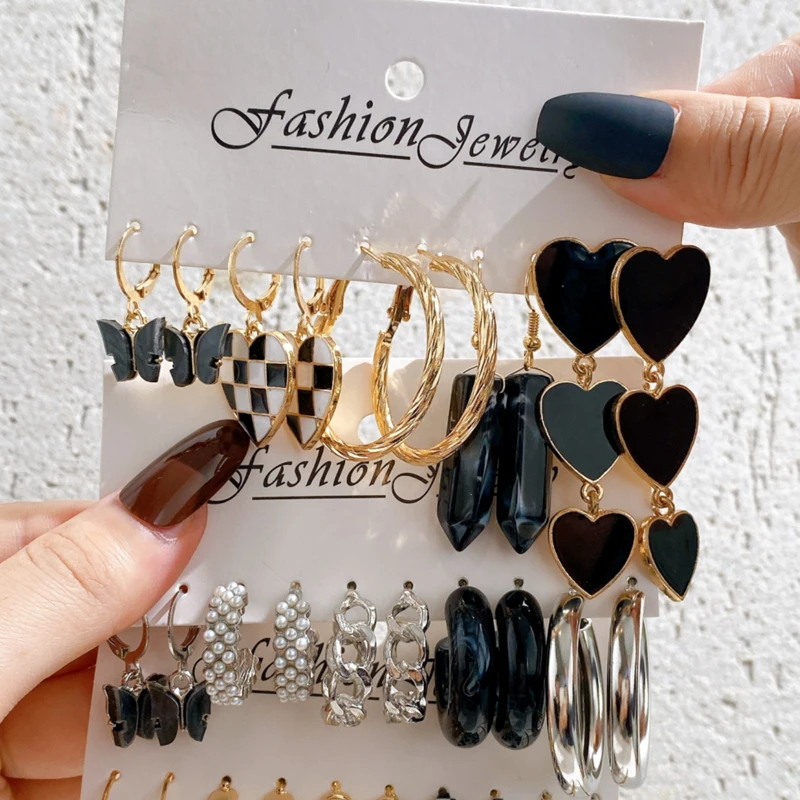 Fashion Black Heart Butterfly Earring Set For Women Y2K Checkerboard Resin Multi-layered Yinyang Heart Dangle Metal Jewelry