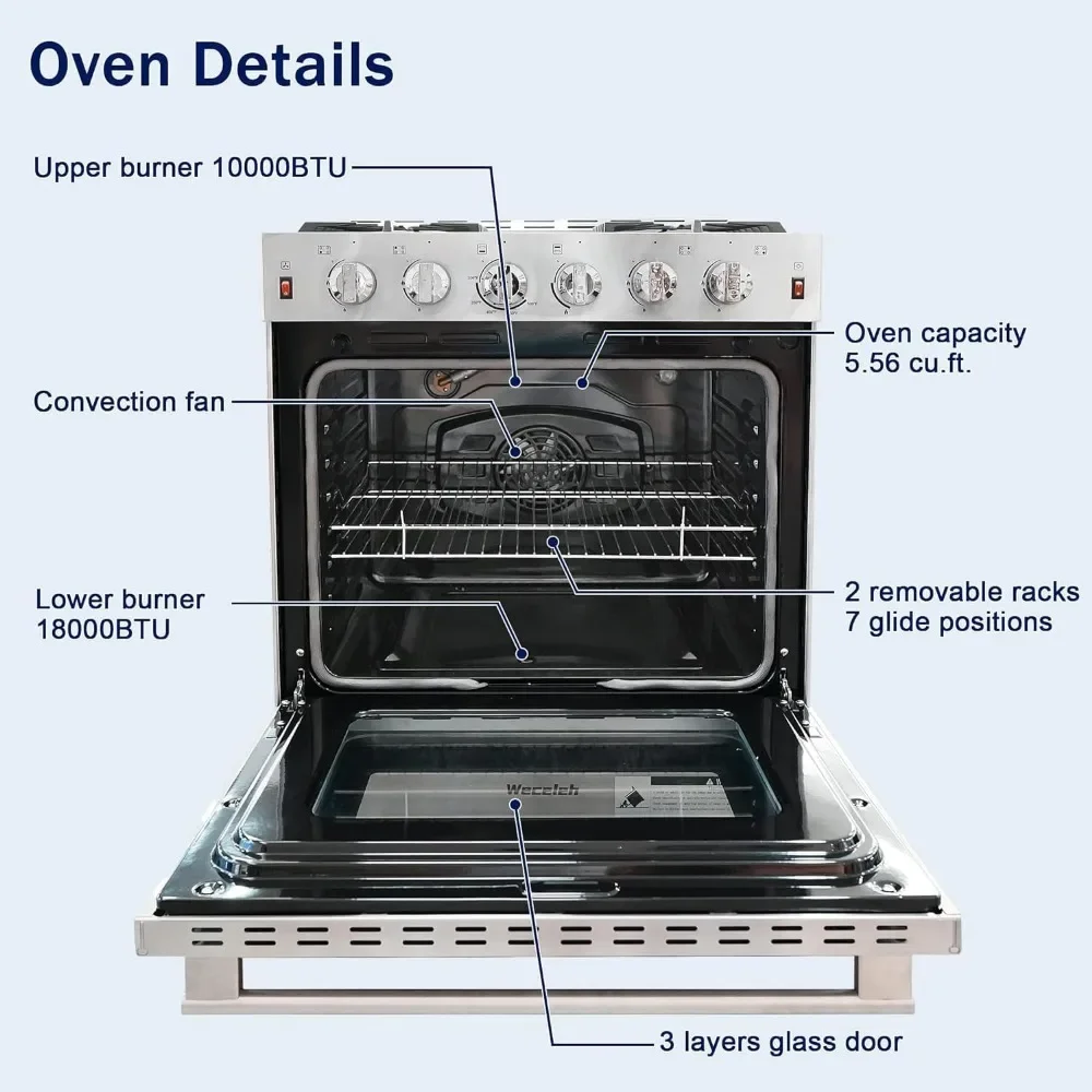 Freestanding Gas Range Stove 30 inch Gas Cooktop Stove 5.56 cu.ft. Large Convection Oven,4 Burners 42000BTU Heavy Duty 4