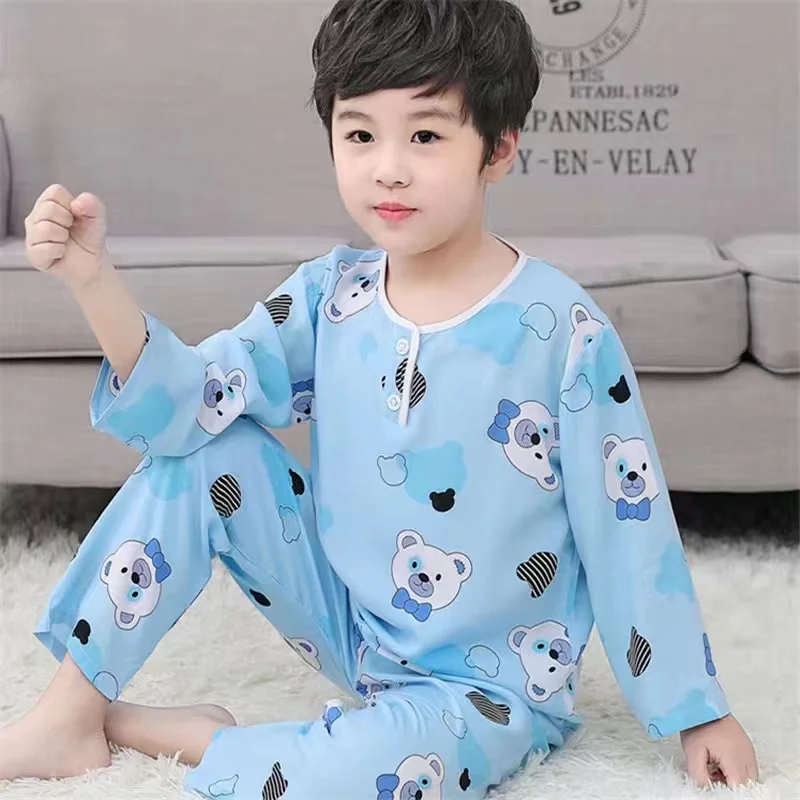 Summer Children's Cotton Silk pajamas Boys And Girls Home Clothes Baby Long-sleeved + Trousers Two-piece Kid's Brethable Suit cute pajama sets	