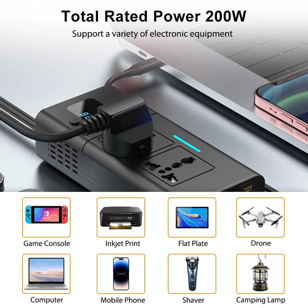 Deelife Car 220v Inverter 12 to 220 Voltage Power Converter 200W for 12V Vehicles