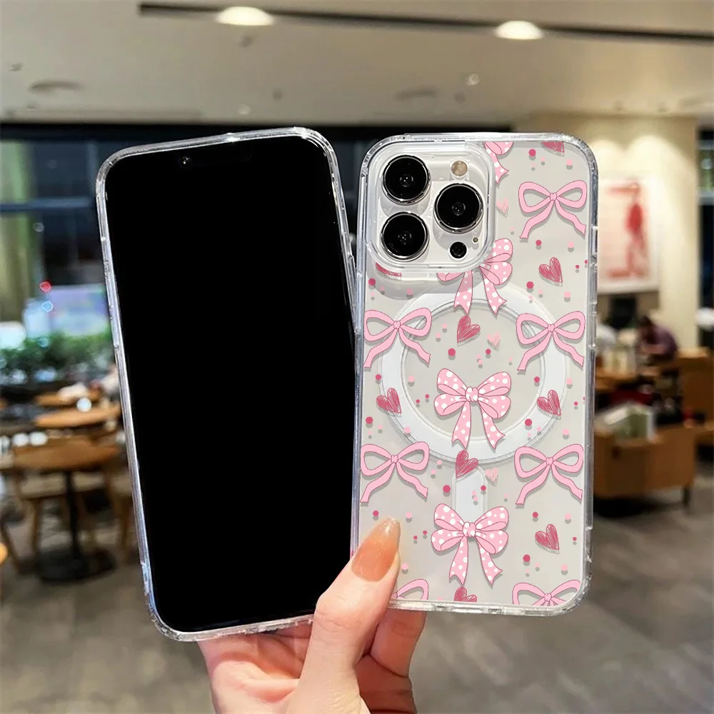 Elegant Pink Bow Transparent Phone Case - Shockproof & Protective Cover with Wireless Charging Compatibility