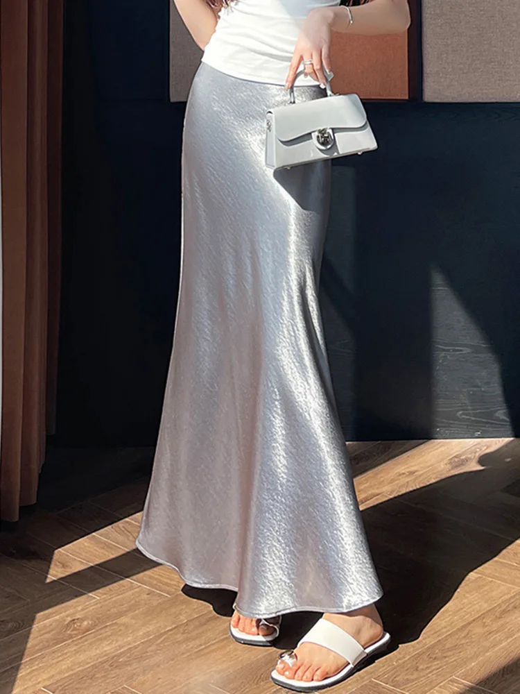 Zoki Chic Satin Elegant Long Skirt Women Casual Fashion High Waist Sweet Trumpet Skirts Slim Summer Female Korean Long Skirts 6