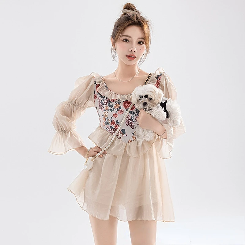 

Wisuwore 2023 Women's Swimwear Long Sleeve One Piece Floral Print Swimsuit Sweet Girl Korean Hot Spring Sexy Swimwear Summer