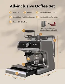 20 Bar Espresso Coffee Machine 1450W Semi Automatic Espresso Maker with Grinder for Latte Cappuccino Gift Coffee Lover 3
