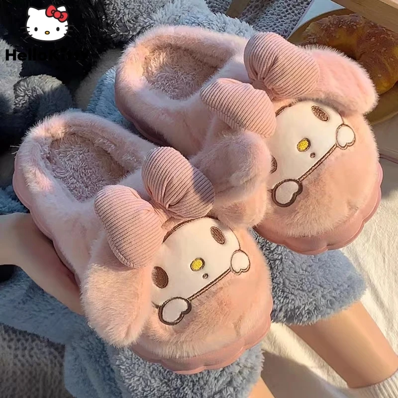 

Sanrio My Melody Cinnamoroll хлопковые тапочки для женщин, милая осенне-зимняя обувь Kuromi, домашняя одежда, меховые плюшевые тапки на облачном каблуке