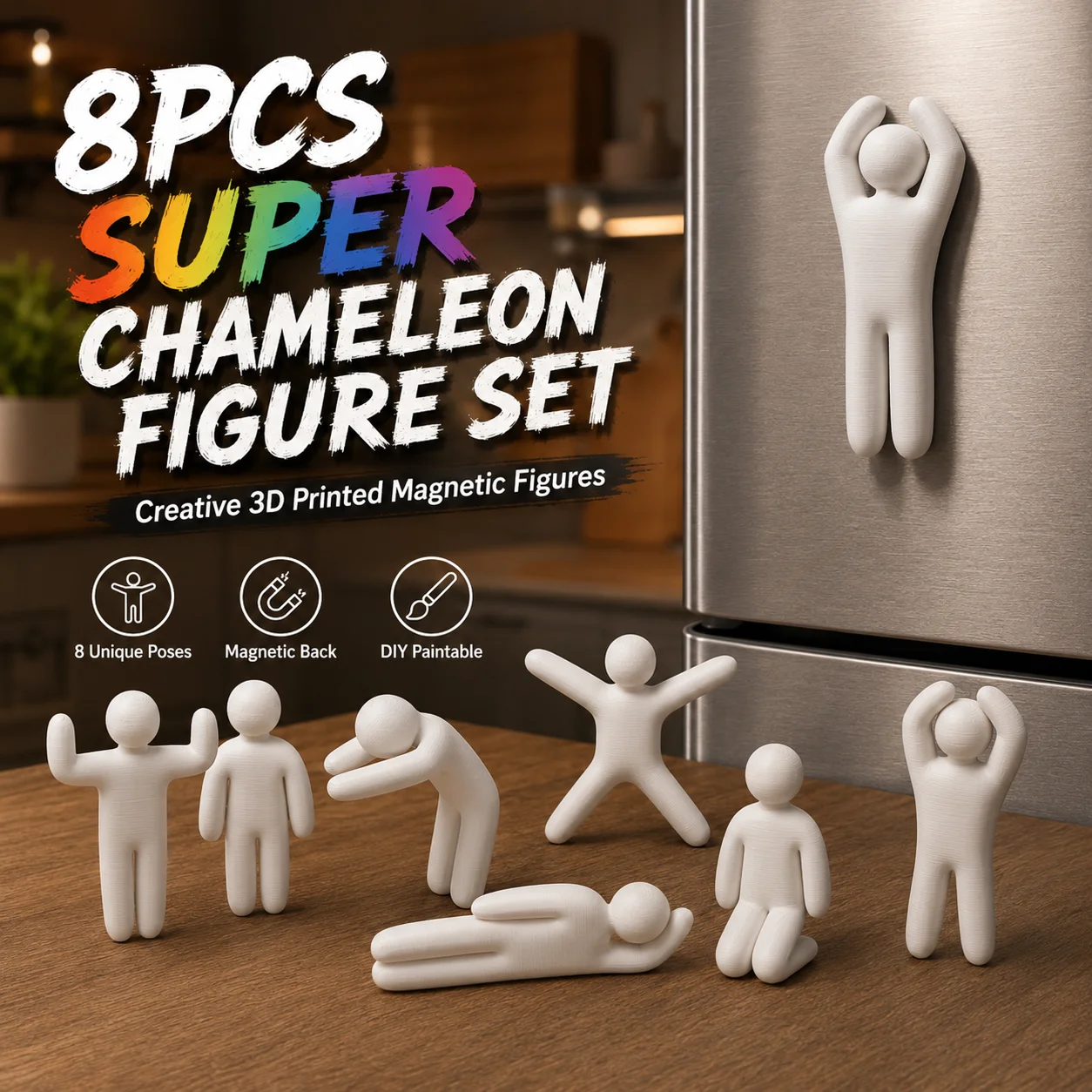 Rafford 8-teiliges Super-Chamäleon-Spielfiguren-Set, DIY Bemalbare Weiße 3D-Gedruckte Magnetische Minifiguren, Kreatives Kühlschrank-Deko-Spielzeug