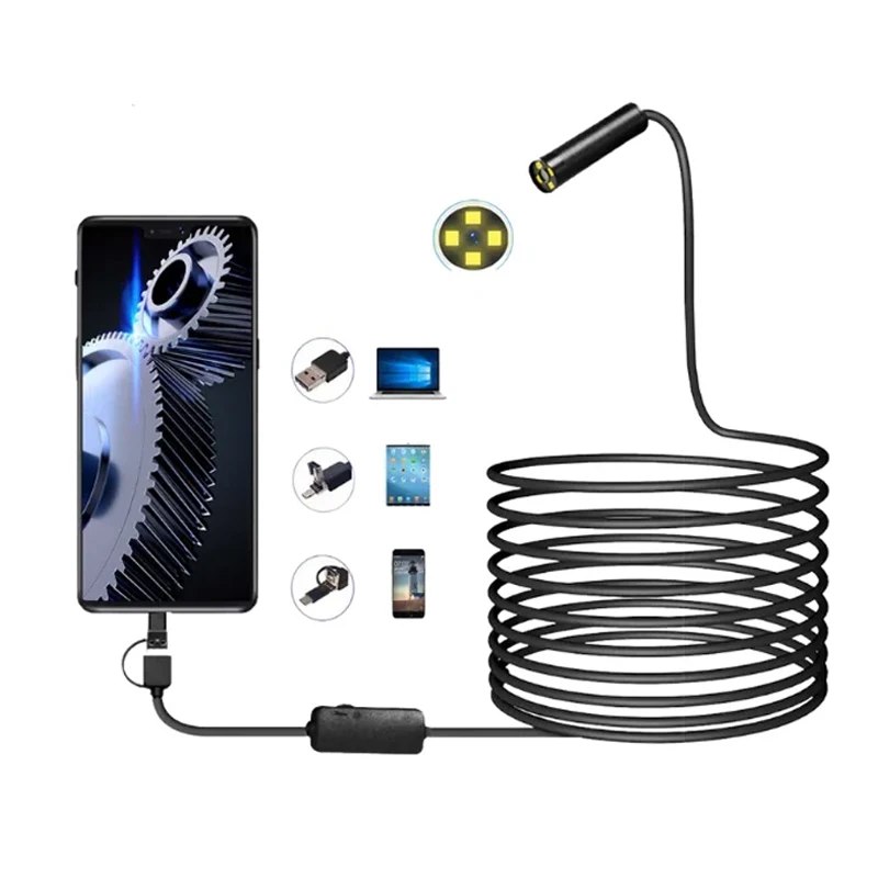 Auto Focus Endoscope 12MM 5MP Cameras Borescope For Car Pipe Inspection 1080p Mini Camera 4 Led Cables For Android And PC 2