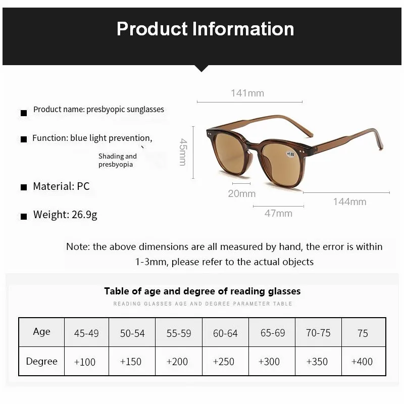 Unisex Classic Frame Outdoor Reading Sunglasses with Presbyopia Adjustment