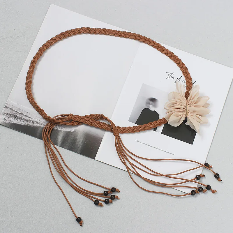 

Weaving Wax Cord Elsatic Waistbands Women Summer Beach Dress Belt Flower Self-tie Waist Belt Cinturones Para Mujer Female Belts