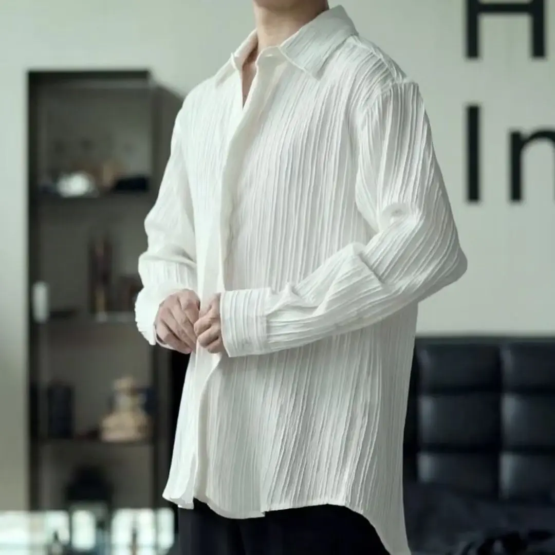 

M-8XL Black Long Sleeved Men Shirt Covered Button Stripe Korean Elastic Fitting Ruffian Handsome Casual Hairstylist Blouse Khaki