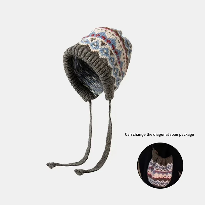 Ethnic Retro Striped Spliced Knitted Hat Autumn Winter Thickened Warm Brimless Ear Protection Woolen Cap Cold Resistant Women