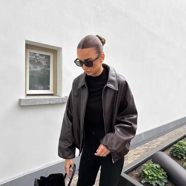 Fashionable Street Style Pilot Design Jacket Outerwear in Two Colors Polyester Leather Alternative Loose Fit Long Sleeve Coat 1