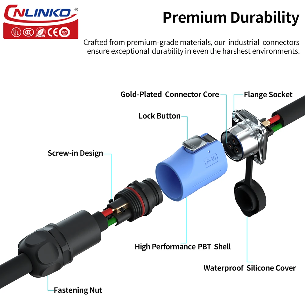 CNLINKO LP20 3 Pin Waterproof Screw Locking AC/DC Power Connector