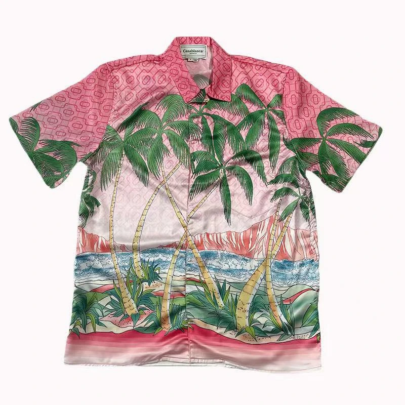 

Pink Casablanca Coconut Tree Shirt Men Women High Quality Hawaii Beach Silk Shirts y2k