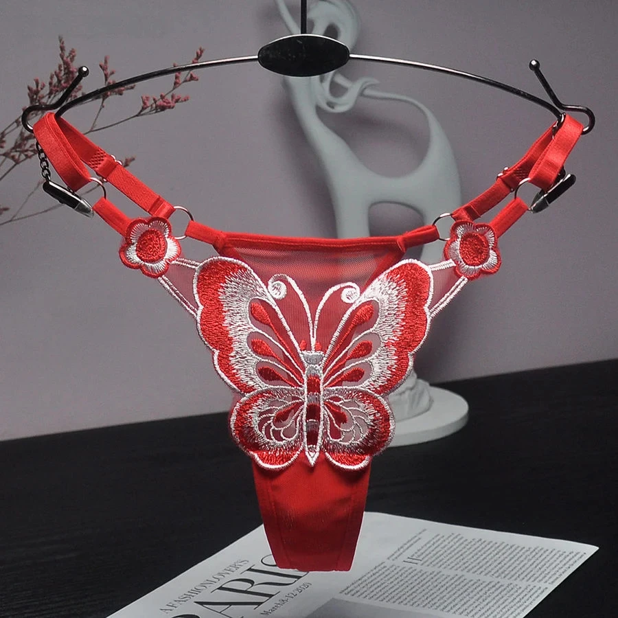 New Sexy Lace Thong Women Butterfly Low Waist Panties G strings Transparent Mesh Briefs Adjustable Waist Panties Culotte Femme