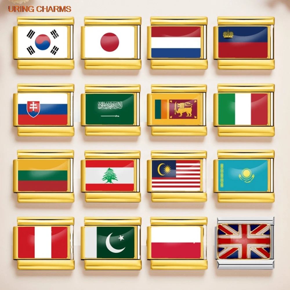 Mode Welt Nationalen Flagge Gold Farbe Italienischen Charme Link Fit 9mm Armband Edelstahl DIY Machen Perle Trendy Schmuck geschenke