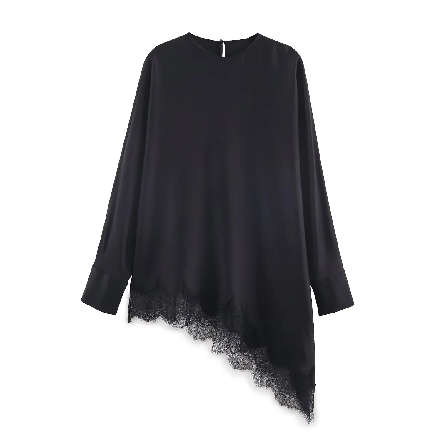 Women's Spring Elegant O-Neck Blouses Female Long Sleeved Solid Asymmtrical Lace Hem Shirts Fashion Chic Ladies Temperament Tops