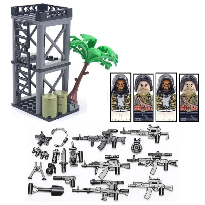 WW2 군사 무기 MOC 정글 전쟁 장면 센티넬 타워 키트, 빌딩 블록 배열 육군 군인 피규어 브릭, 어린이 장난감 선물