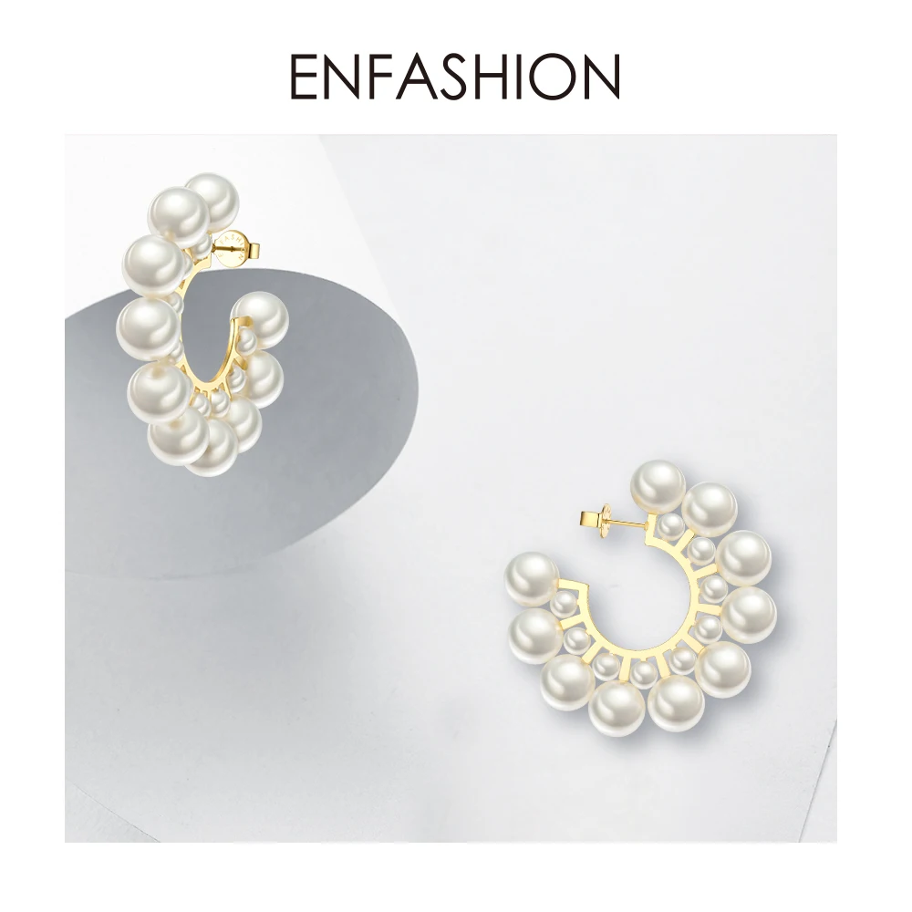 Enfashion Pearl Hoop Earrings For Women Gold Color Round Earring Big Circle Hoops Earings Fashion Jewelry Pendientes Aros EB1094