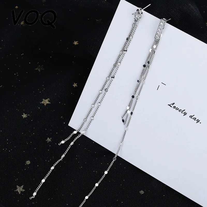 VOQ Silver Color Exaggerated Long Chain Tassel Asymmetric Earrings for Women Banquet Statement Earrings Fashion Jewelry