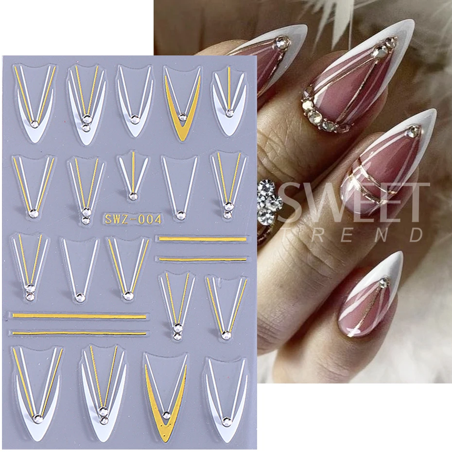 2pcs French Stripe Line Rhinestone Nail Stickers Decals 3D White Gold Irregular Metallic Line Adhesive Sliders Manicure Decor