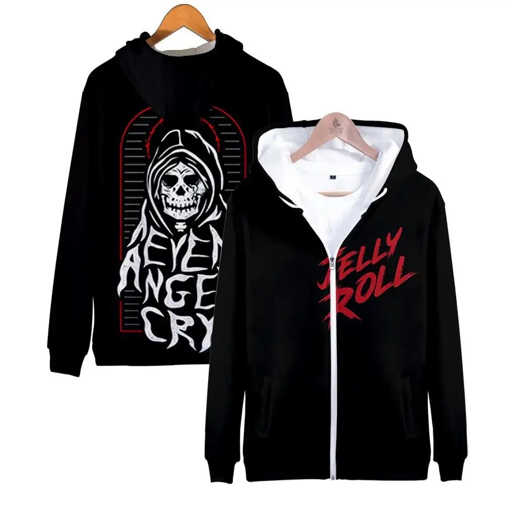 Jelly Roll Rapper Merch ANGEL DEMON SKULL HipHop Style Black Red Zipper Hoodie Unisex Long Sleeve Harajuku Streetwear 3D Clothes