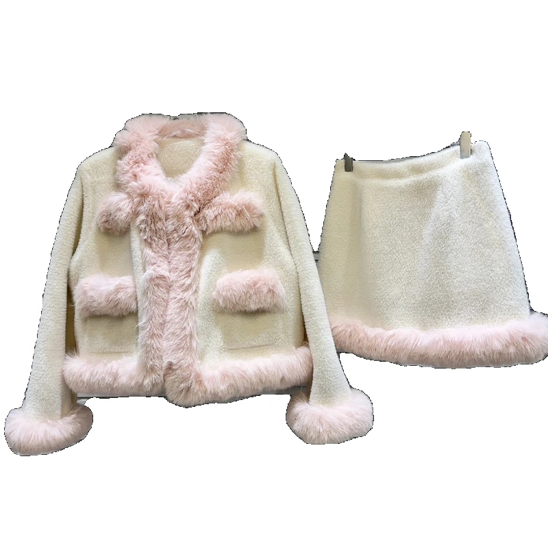 Office Lady Skirt Sets Women 2023 Winter New Fur Stitching Long Sleeve Round Neck Fleece Jacket Warm Skirt Two-Piece Sets Female