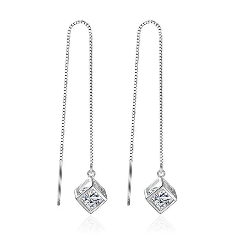 Pendientes de plata de ley 925 para mujer, cadena de gota de circonita de cubo bonito, borla larga, joyería de diseño Original, regalo de aniversario