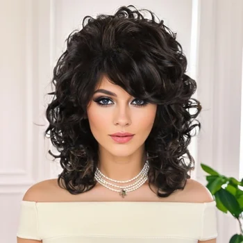Parrucca Sintetica Marrone Ricci Grande con Frangia per Donna, con Mèches, Onde Anni '80, Stile Farrah Fawcett, Naturale, per Appuntamenti, Carina