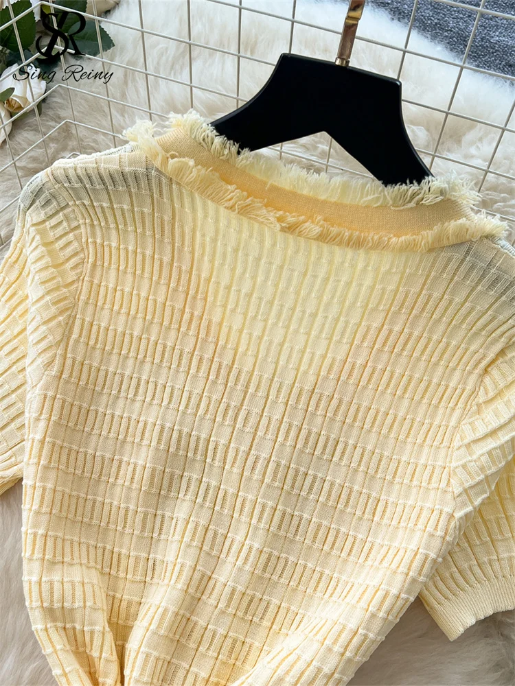 SINGREINY Workwear Elastic Knitted Dress Women Short Sleeves Single Breasted Design 2025 Summer Korean Vintage Split LongDress 6