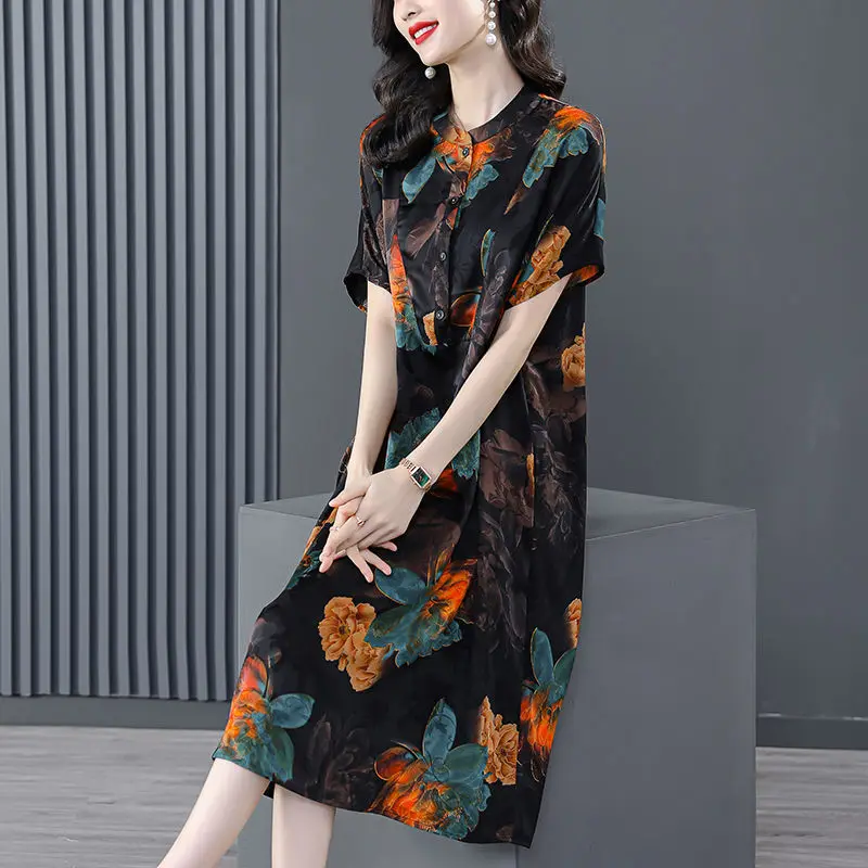 

Summer Vintage Printing O-neck Short Sleeve Midi Dress Women Clothing Office Lady Buttons Loose Silk A-line Skirt Ladies Elegant