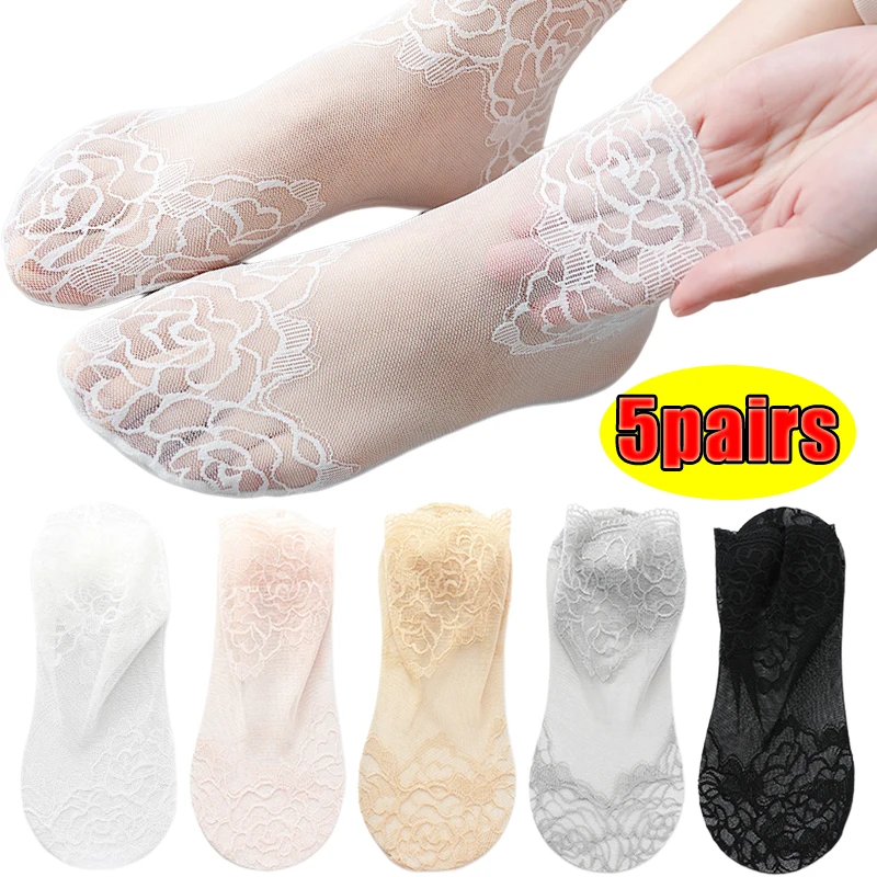 

5Pairs Lolita Women Invisible Lace Silk Socks Ruffle Thin Ladies Lace Boat Socks Hollow Non-slip Shallow Transparent Socks Women