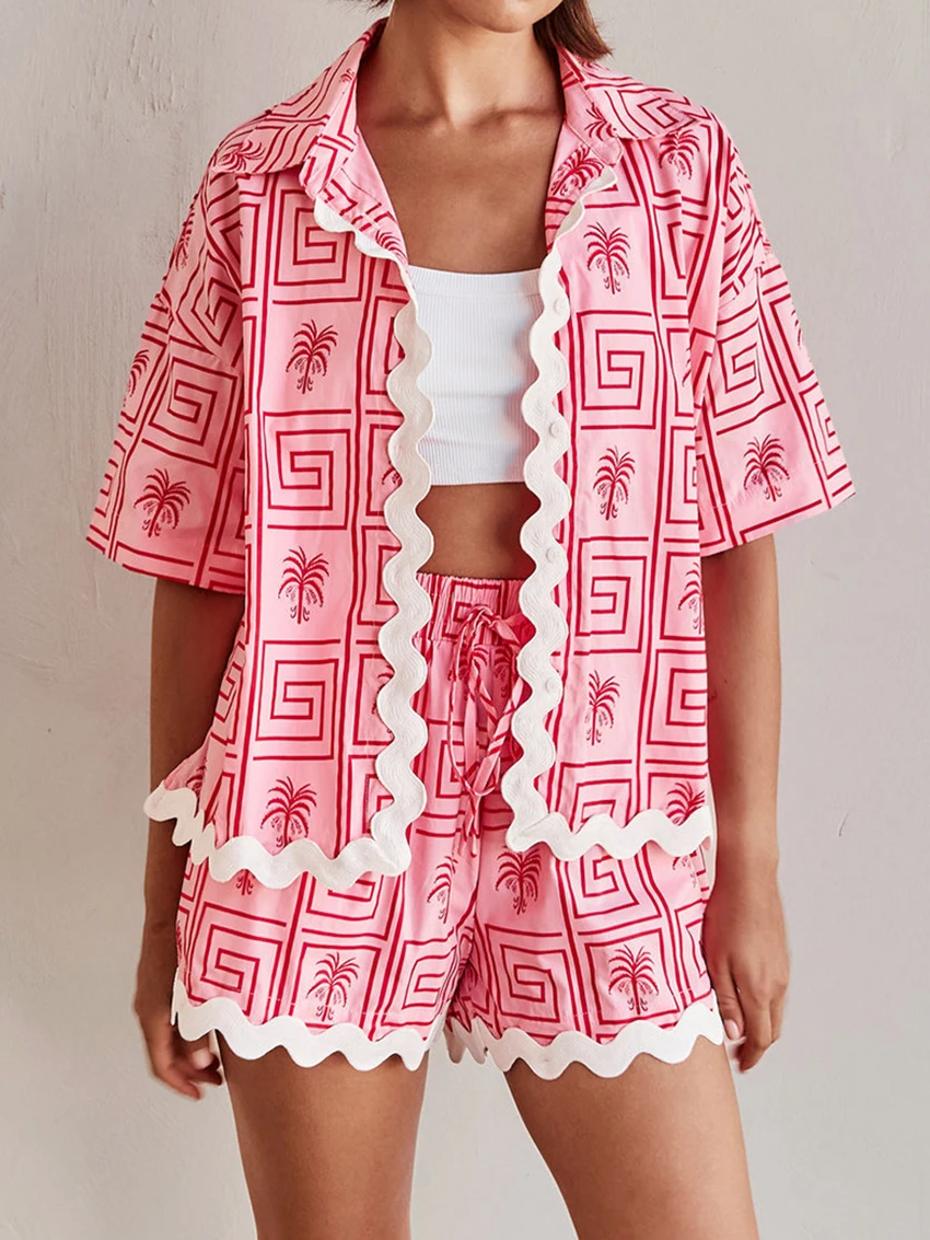 Mathaqiqi Casual Women'S Nightwear Suit Sexy Turn-Down Collar Pajamas Half Sleeve Nightgowns Shorts Printing Summer Home Clothes