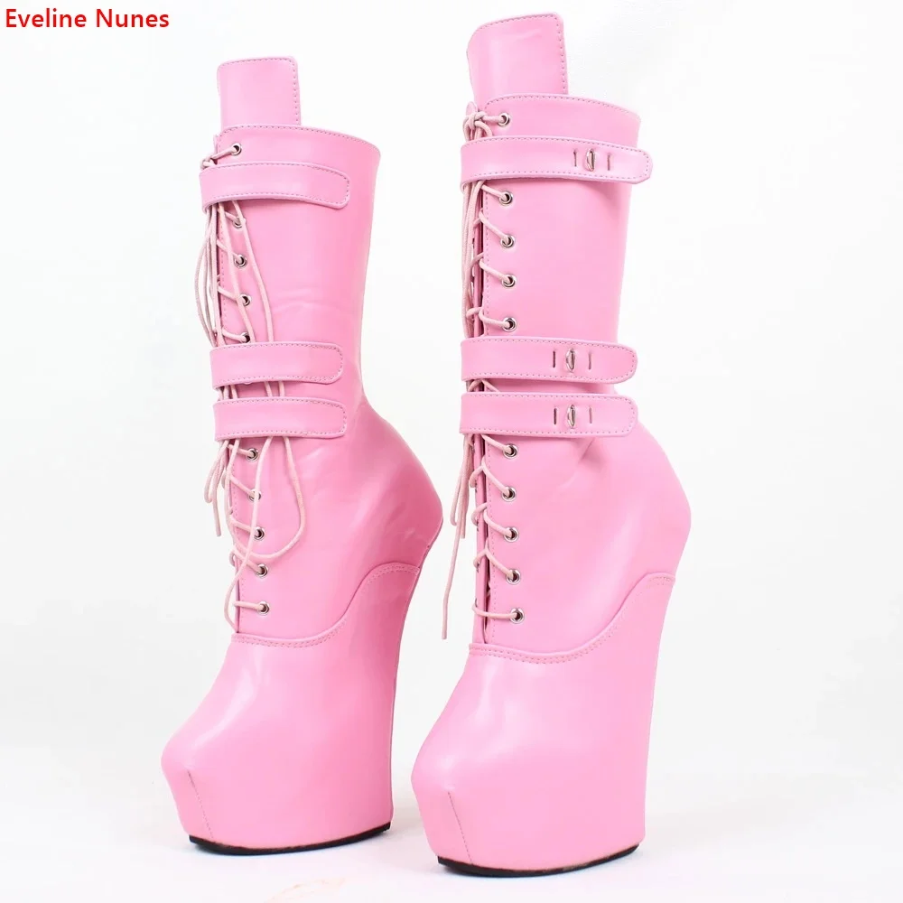 Pink Heelless Ballet Ankle Boots Women's New Arrival Solid Platform Cross Strap Round Toe Patent