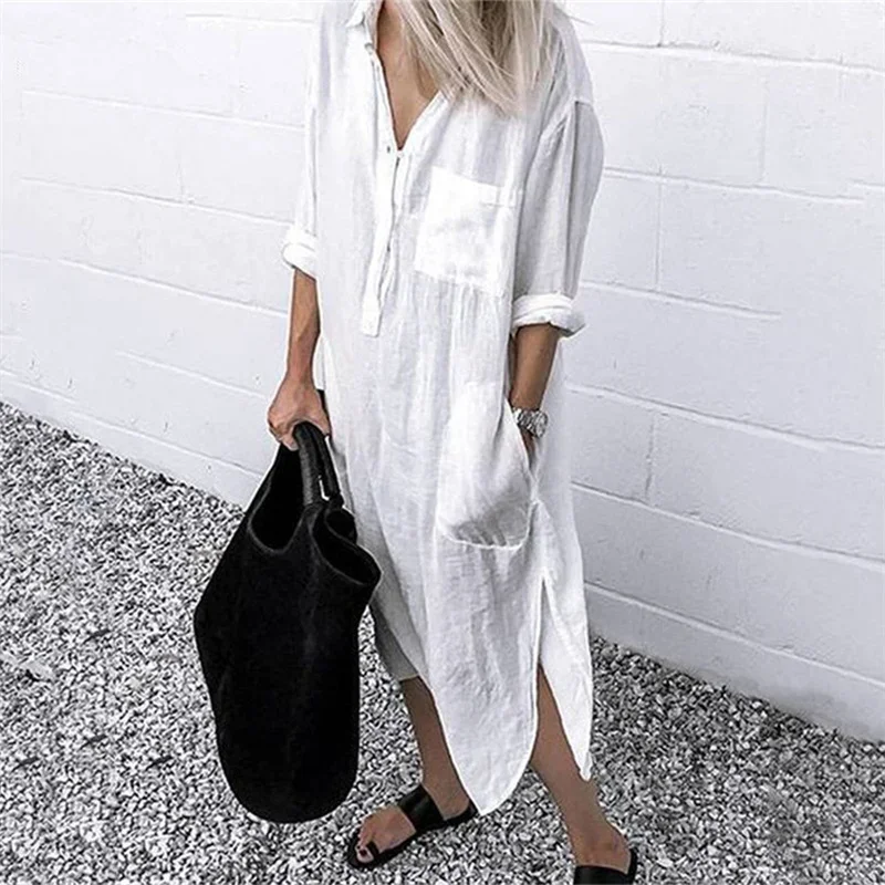 Women Elegant Cotton Linen Solid Color Dresses Summer Comfortable Female Casual Commuter Dress Multi-pocket Split Hem Loose Gown
