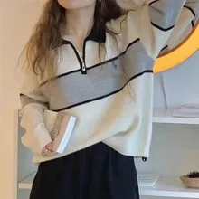 

2022 Fashion Tees Women Loose Zipper Knitting Sweaters Vintage Long Sleeve Asymmetry Female Pullover Tops Striped Sweater