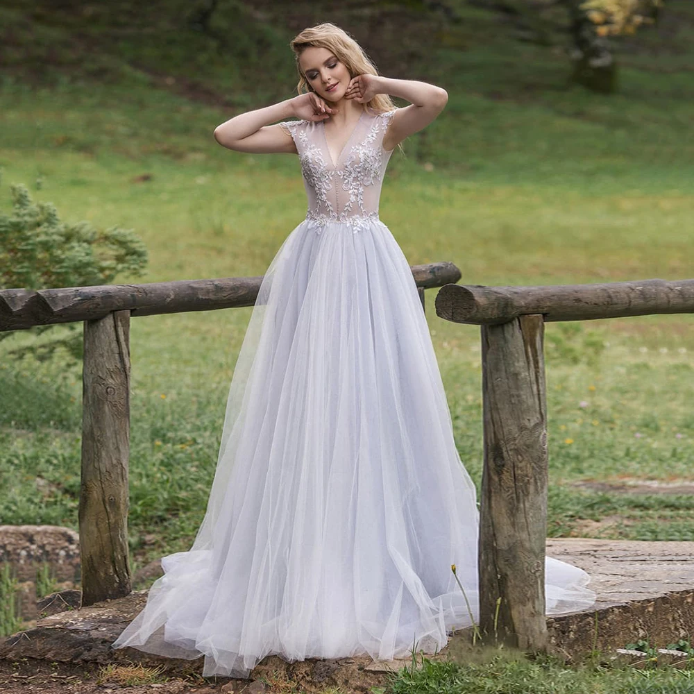 

Elegant Tulle Prom Dresses Appliques Beading Simple V-Neck Short Sleeve Floor-Length Evening Gowns Sexy Backless Party