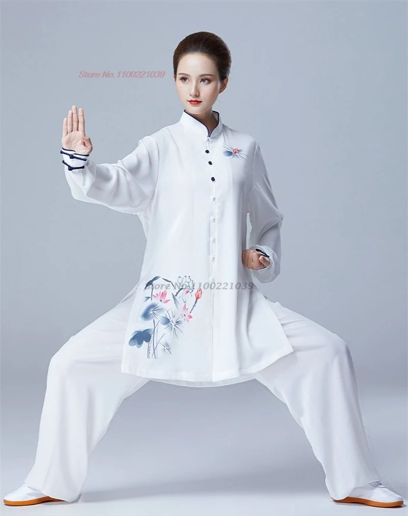 

2024 traditional chinese tai chi kung fu uniform sports outdoor walking training flower print wushu martial arts kung fu set