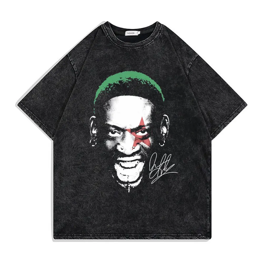 

The Worm Dennis Rodman Big Face Washed Tshirt Men Women's Fashion Basketball Boys T-shirt Male Vintage Oversized Short Sleeve