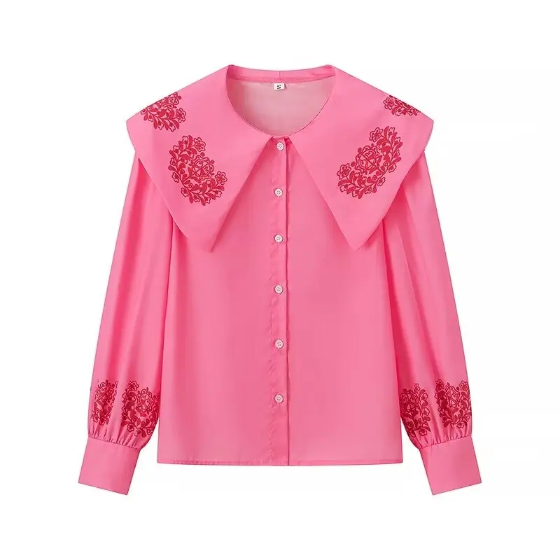 thumbnail image 1 of HH TRAF Blusas elegantes de verano para mujer, blusas con cuello de muñeca decorativo de un solo pecho y manga larga con estampado rosa, camisas nuevas para mujer, 1 of 5