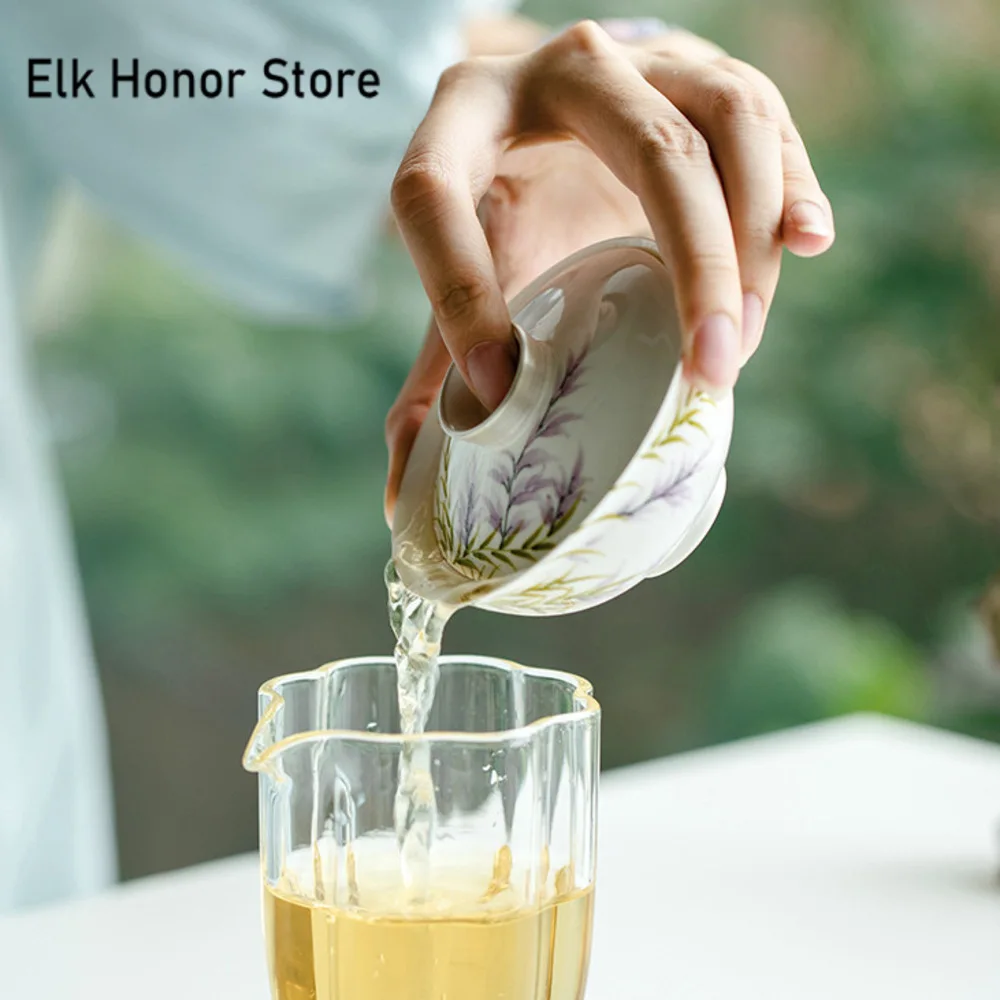 88ml Pure Hand-painted Wisteria Flower Ceramic Gaiwan Japanese Gilt Silver Tea Tureen Household Tea Brewing Cover Bowl Teaset