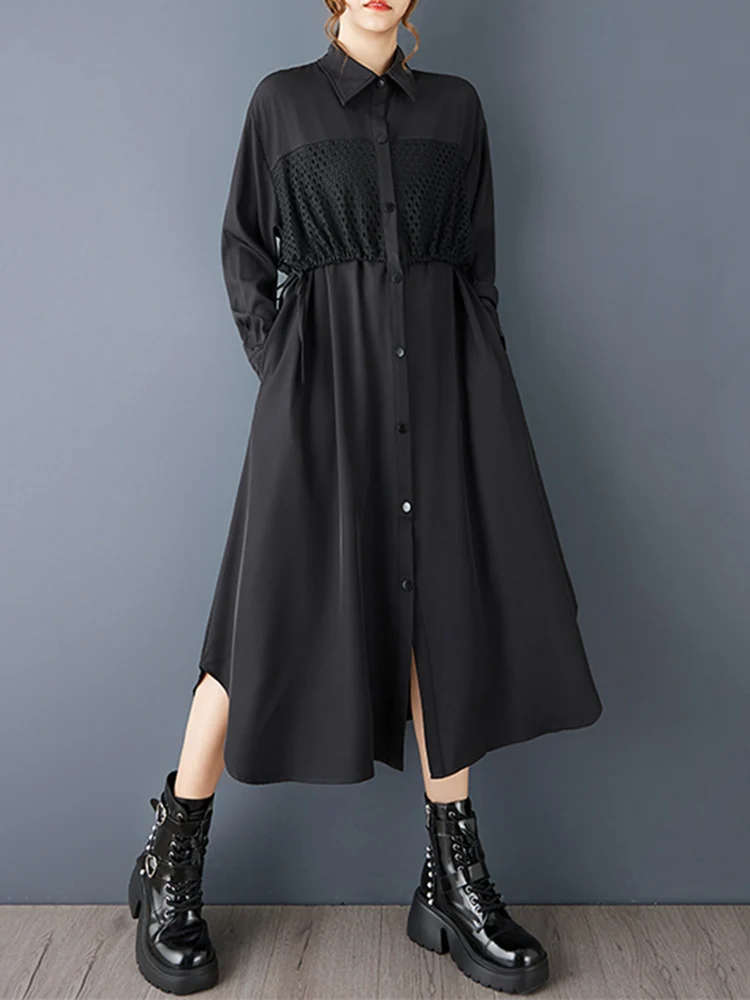 Oversized Patchwork Shirt Long Sleeve Dresses For Women New Loose Casual Vintage Midi Dress Elegant Clothing Spring Autumn 2025